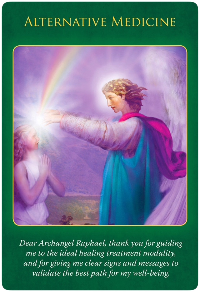 Alternative Medicine from Archangel Raphael, who's pouring his rainbow-coloured blessings over a woman, placing his both hands on her forehead. 