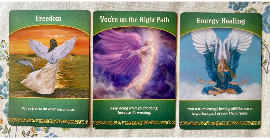 Freedom, You're on the Right Path, and Energy Healing from the Life Purpose oracle cards.